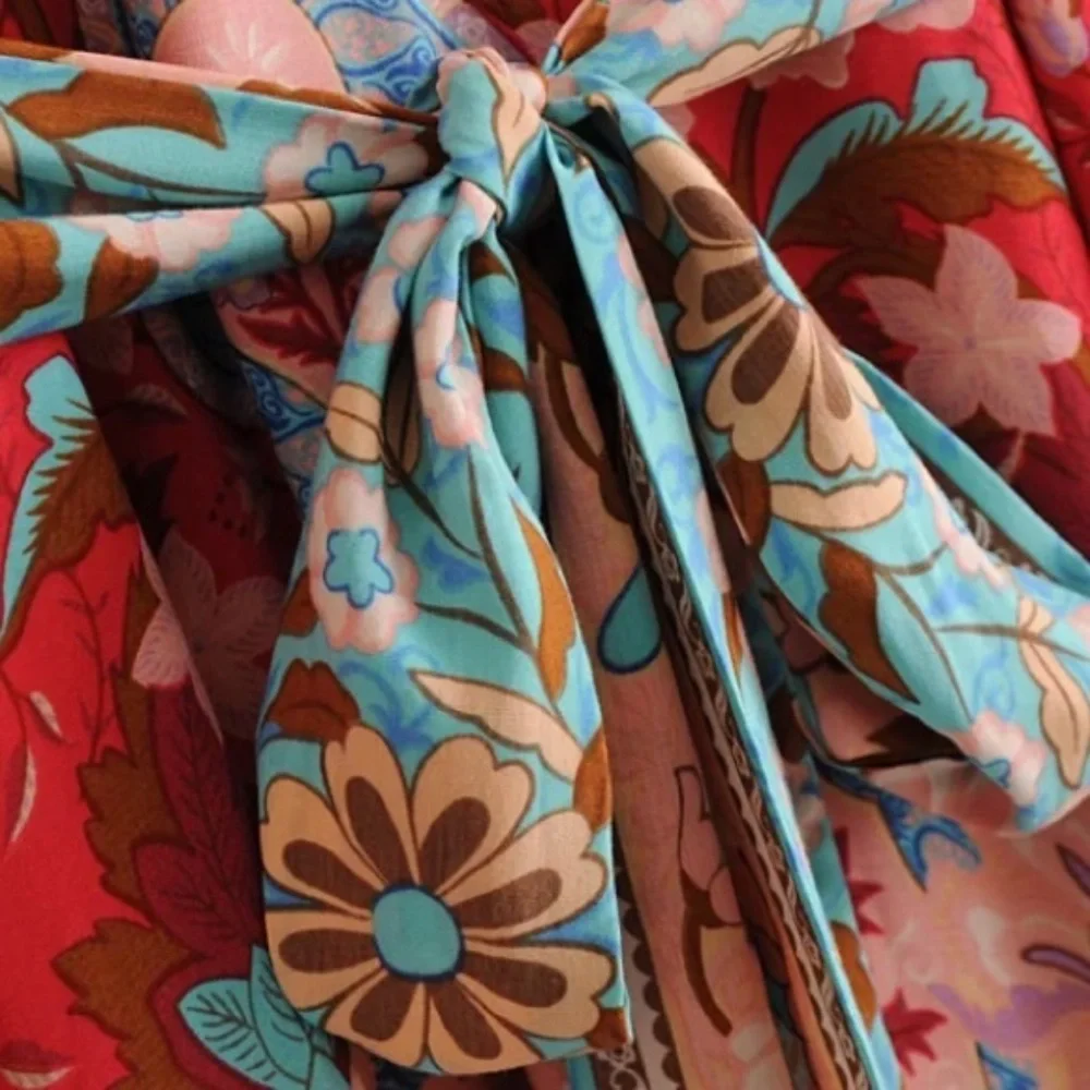SOLD OUT Bohemian Red Floral Gypsy Kimono Long Maxi Dress - Picture 11 of 16
